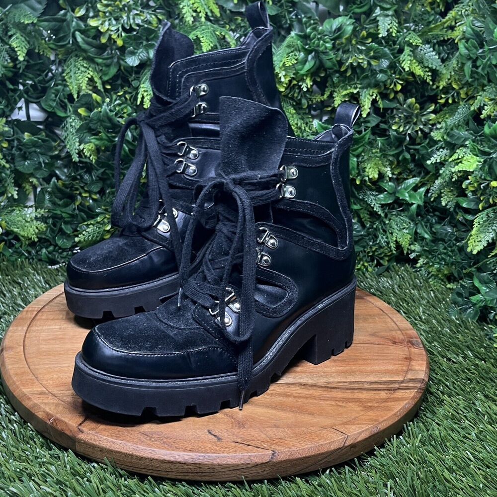 ZARA Boots Women 9 US 40 EU Black Moto Combat‎ Chunky Heel Lace Up Ankle 2111 - Picture 4 of 14